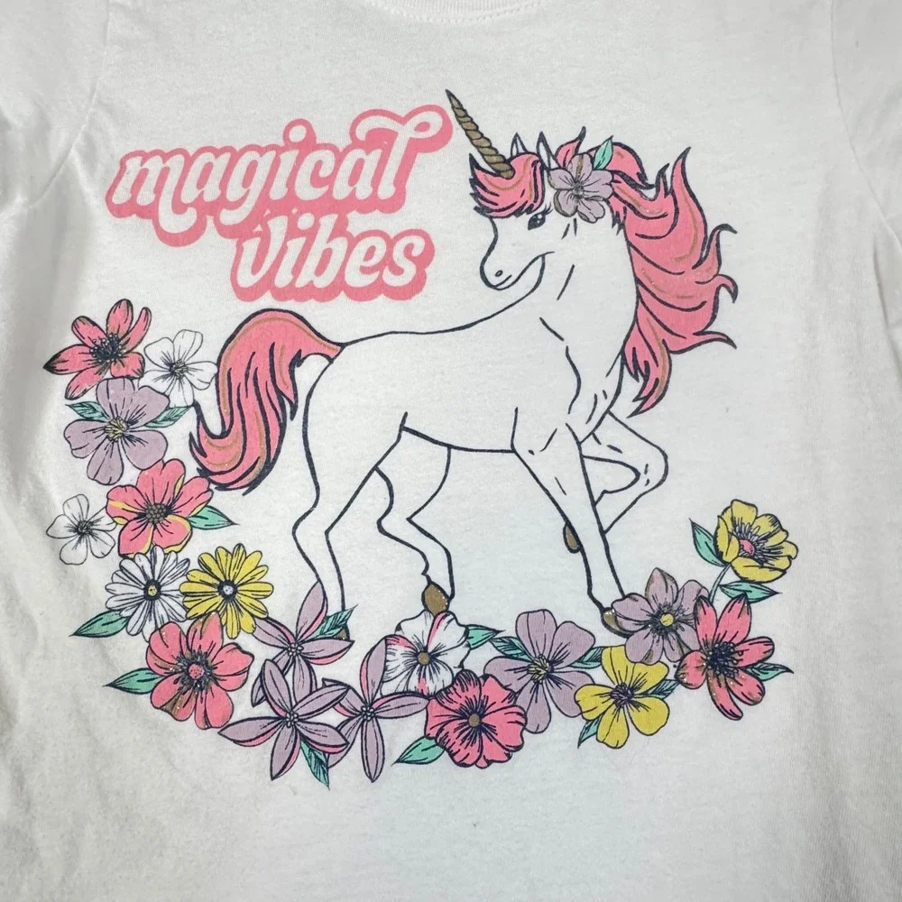 The Childrens Place Graphic Tee Kids Size M 7/8 White Excellent Unicorn Floral